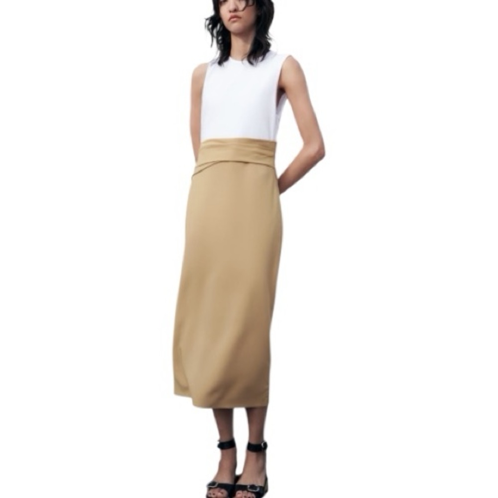 Zara Colorblock Midi Dress Camel White Draped Waist Sleeveless Women’s Large